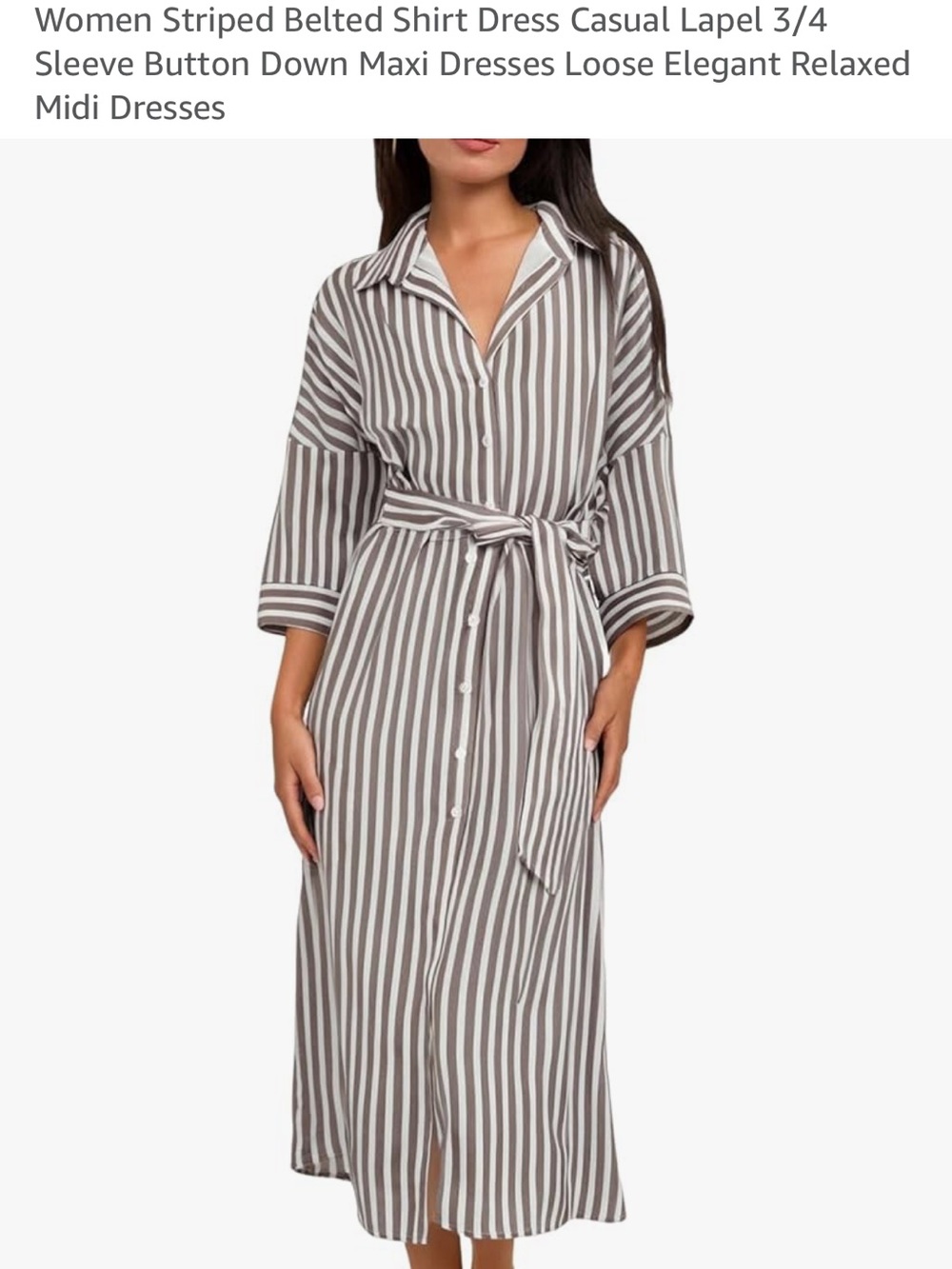 Amazon Striped Belted Shirt Dress in Taupe and White